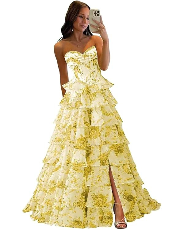 Chiffon Tiered Prom Dresses for Women 2026 Strapless Corset Ball Gown Long Floral Formal Evening ... | Amazon (US)