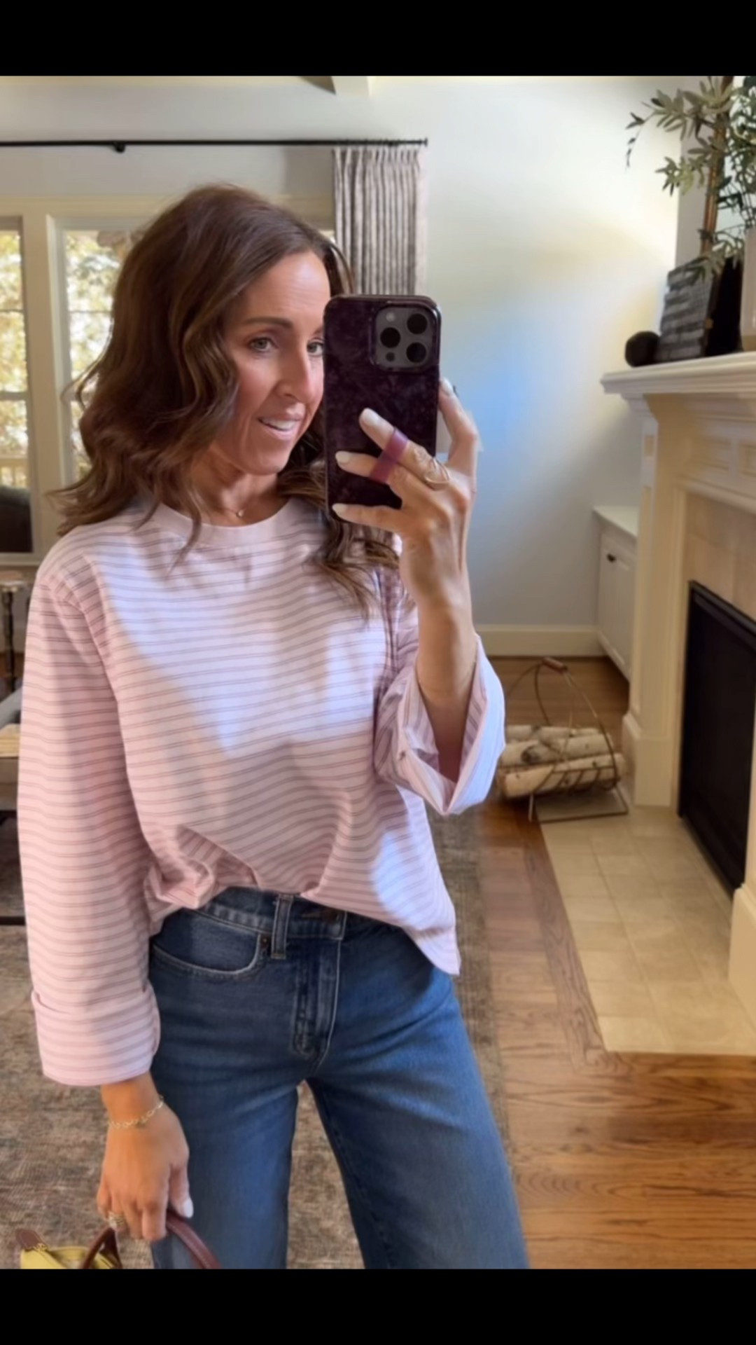 Pink stripe boyfriend tee. Longchamp bag. J.Crew. Casual style. 
Tee XS. Jeans down 1 size, 24. Sneakers TTS. 

#LTKPetite #LTKOver40 #LTKSeasonal