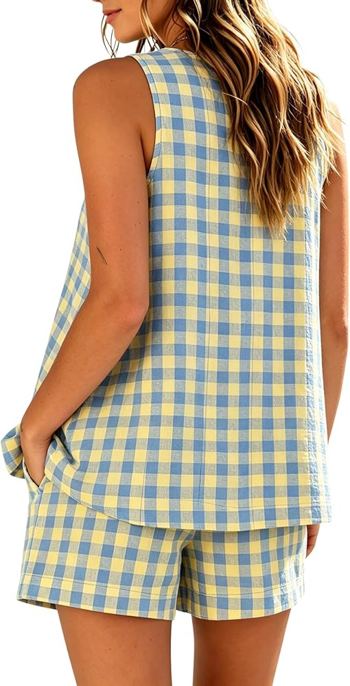 Gozoloma Women's Oversized Gingham 2 Piece Set Crewneck Sleeveless A-Line Top and Relaxed Shorts ... | Amazon (US)