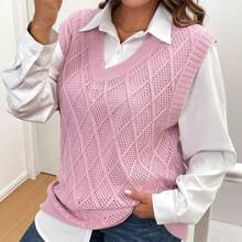 Plus Size Womens VNeck Pink Plaid Sleeveless Knitted Sweater Vest | SHEIN