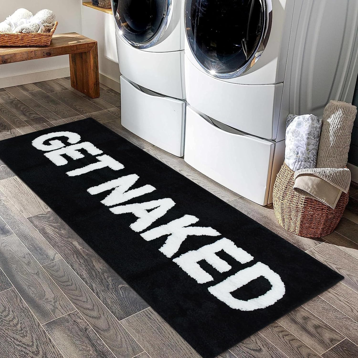Black Get Naked Bath Mat, Long Runner Mat for Bathroom, Cute Fun Simple Bath Rug, Water Absorbent... | Amazon (US)