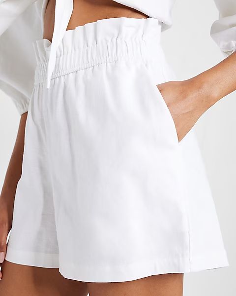 Super High Waisted Linen-Blend Pull On Paperbag Shorts | Express