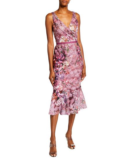 Marchesa Notte Floral Printed Soutache V-Neck Sleeveless Ruffle-Hem Dress | Neiman Marcus