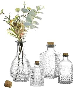 MyGift Small Clear Glass Reed Diffuser Bottles, Vintage Embossed Apothecary Style Flower Bud Vase... | Amazon (US)