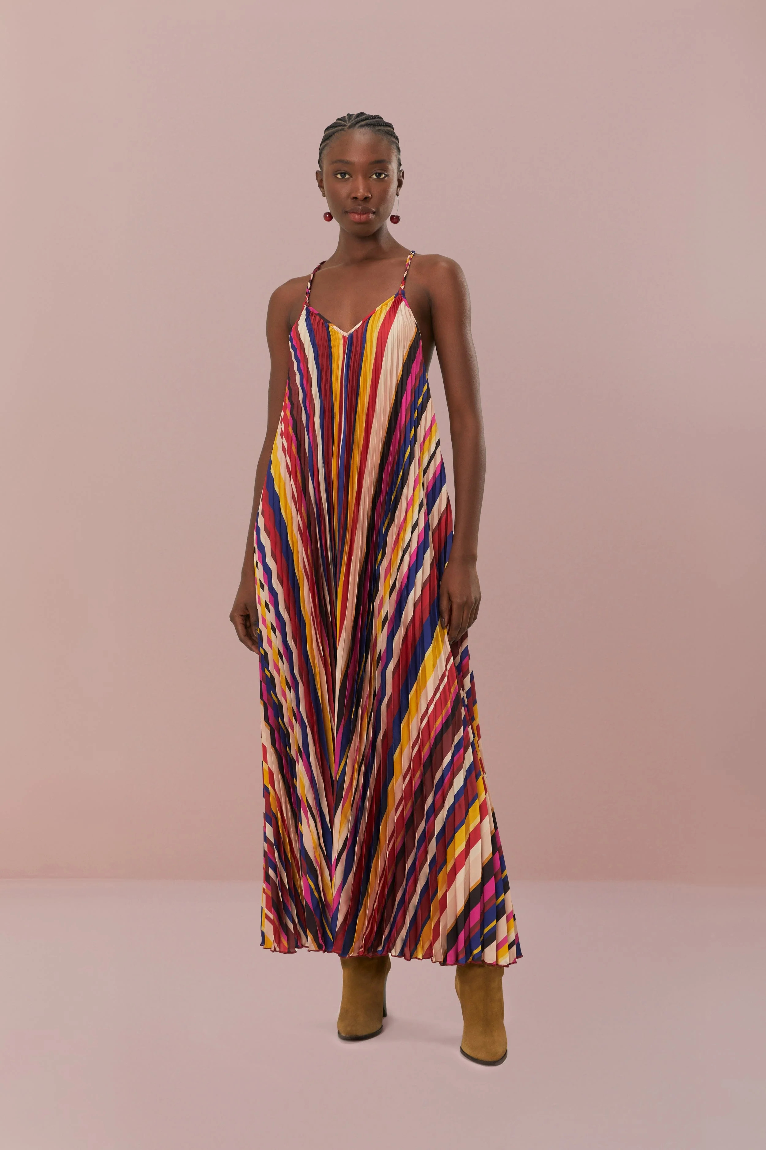 Multicolor Diagonal Stripes Pleated Stripes Midi Dress, DIAGONAL STRIPES MULTICOLOR / M | FarmRio (US)