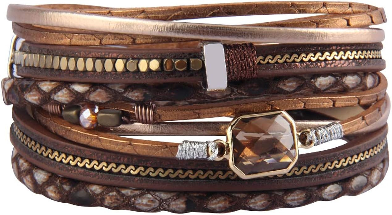 GelConnie Leather Wrap Bracelet Boho Cuff Bracelets Crystal Leather Bracelet Magnetic Multi Stran... | Amazon (US)