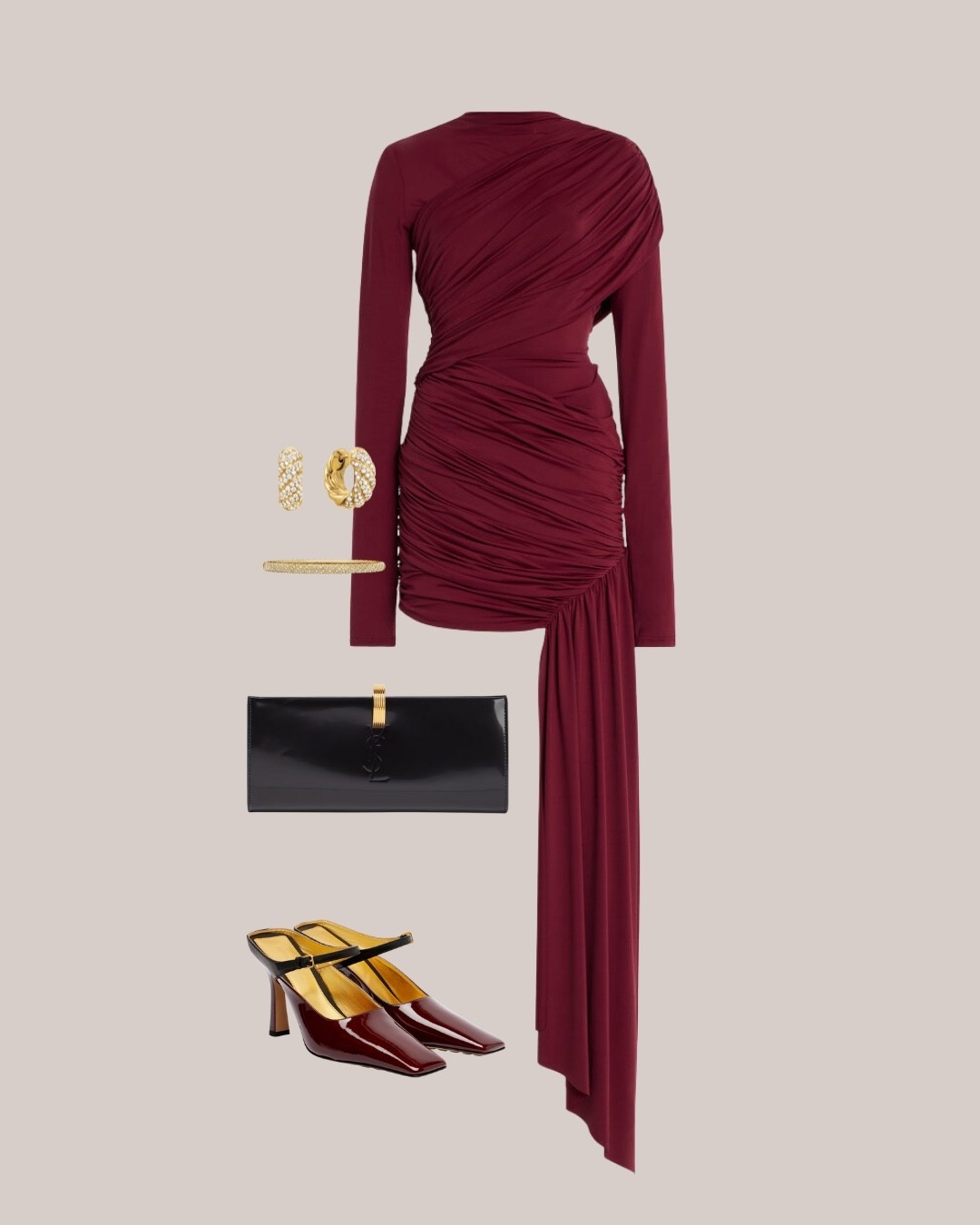 Burgundy mini with drape, paired with gold accents and a black clutch. Glamour for dinner or a night out.

#LTKStyleTip