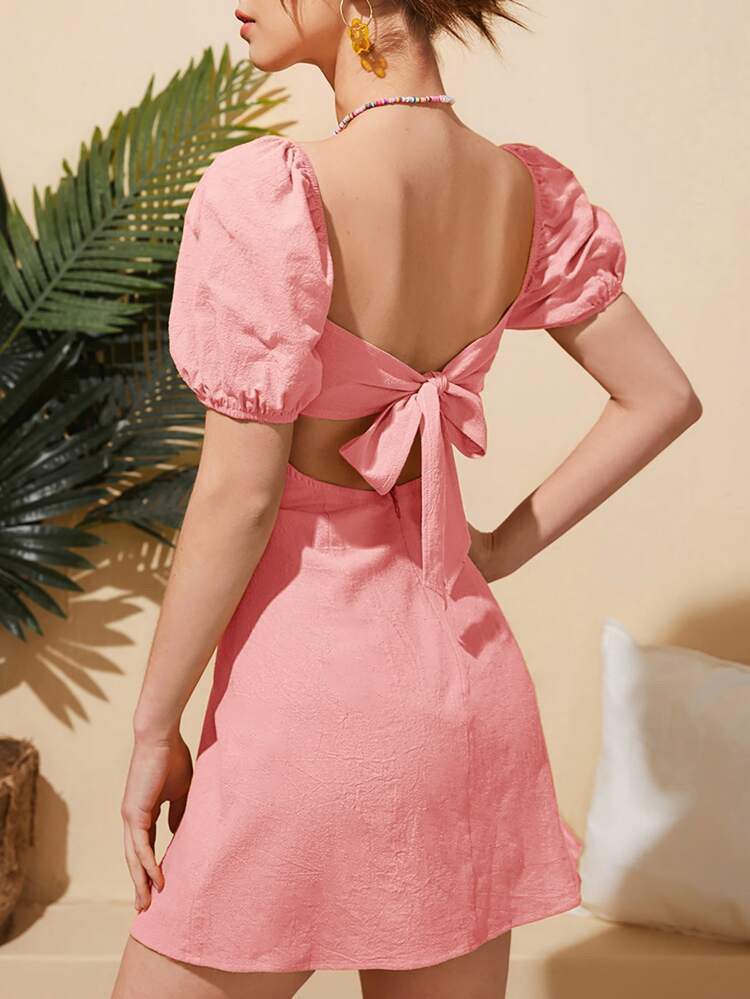 SHEIN WYWH Square Neck Tie Backless Puff Sleeve Dress | SHEIN