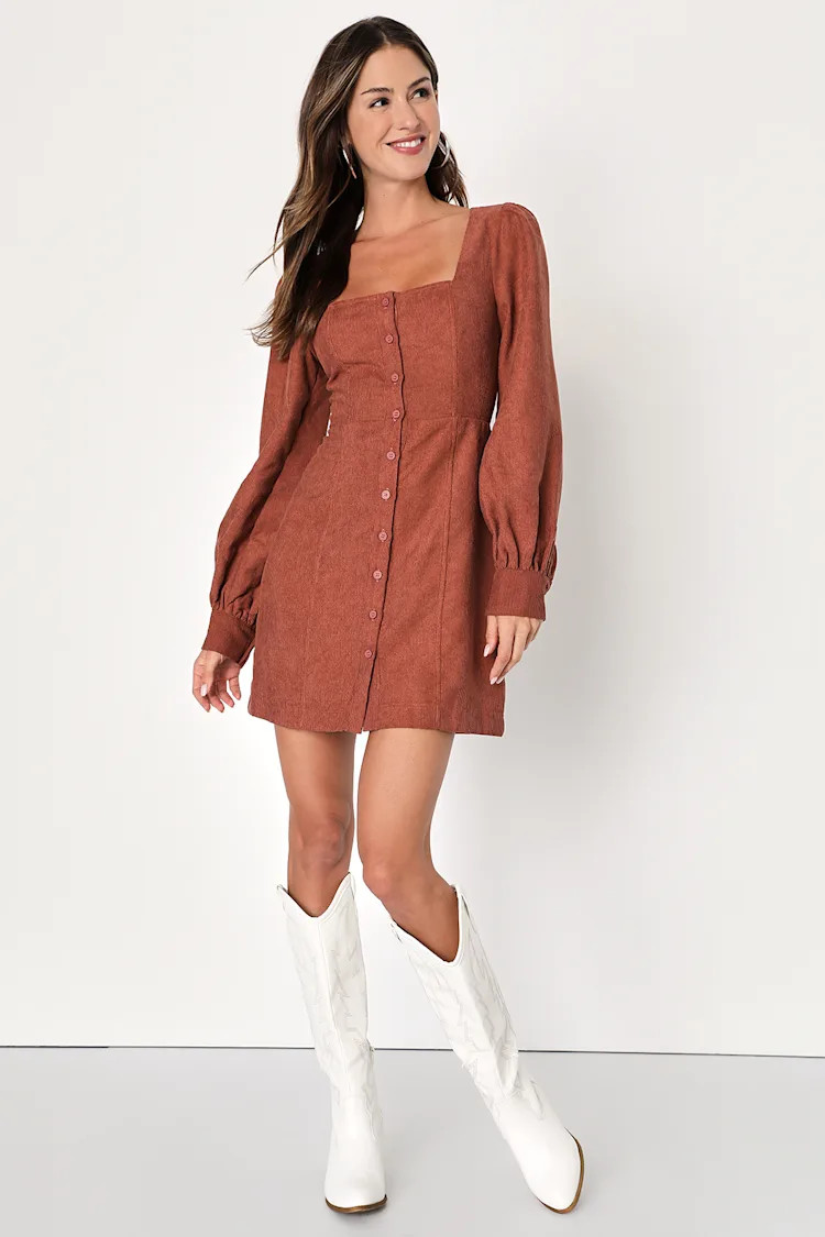 Posh Promise Brown Corduroy Long Sleeve Button-Up Mini Dress | Lulus
