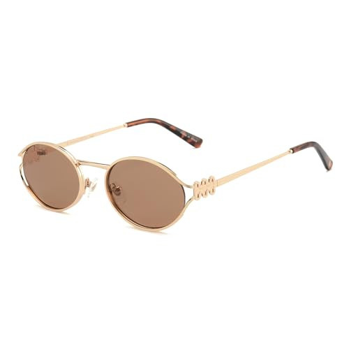 VIVIENFANG Brown Sunglasses for Women, Designer Dupe Gold Metal Frame/Brown Lens Oval Glasses VF2252C | Amazon (US)