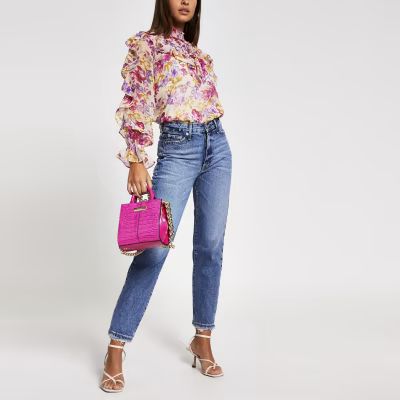 Pink floral frill long sleeve blouse | River Island (US)