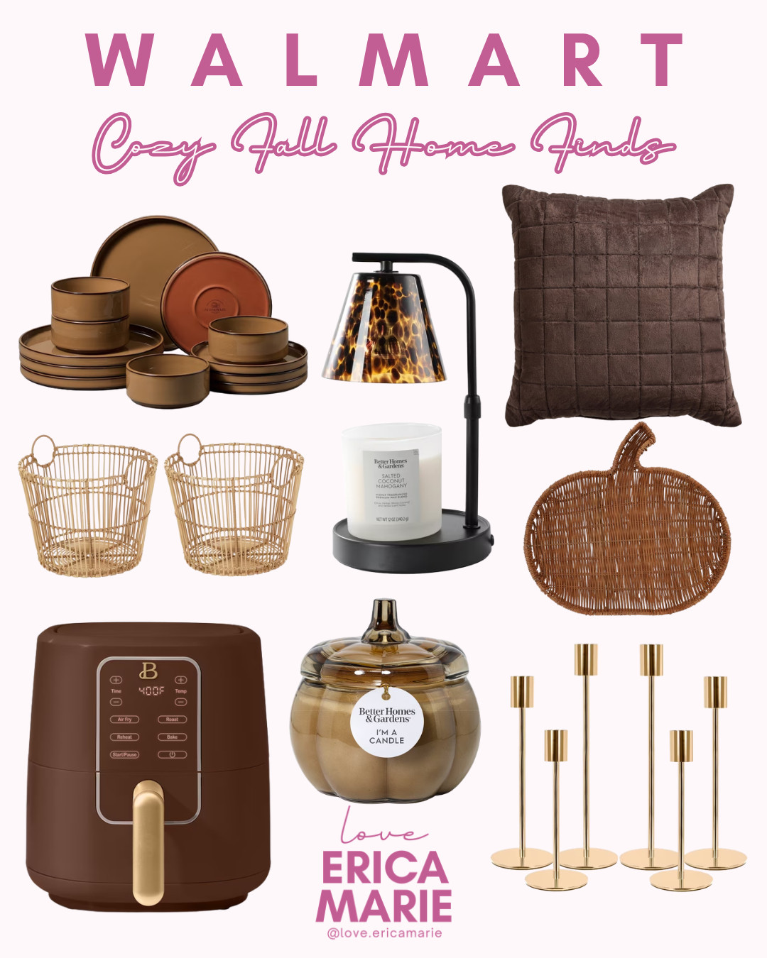 Fall is in full swing, and bringing those warm, cozy autumn vibes into your home doesn't have to cost a fortune! 🍂✨ Walmart is absolutely crushing it with cozy fall home finds that look so high-end without breaking the bank. You can easily refresh your space with rich earth-tone dinnerware, plush quilted throw pillows, and chic woven storage baskets for a warm, inviting touch. Set the mood with a trendy lamp-style candle warmer paired with your favorite scented jar, a glass pumpkin candle, woven pumpkin trivets, and sleek gold candlestick holders. Plus, that pretty brown air fryer adds the perfect pop of modern autumn style to your kitchen counter!   Which item is your favorite for fall? 

#WalmartFinds #WalmartHome #CozyFallVibes #FallHomeDecor #AutumnDecor #AffordableHome #BeautifulByDrew #LTKhome #CozySeason #HomeDecorInspo 

 #LTKSeasonal #LTKHome