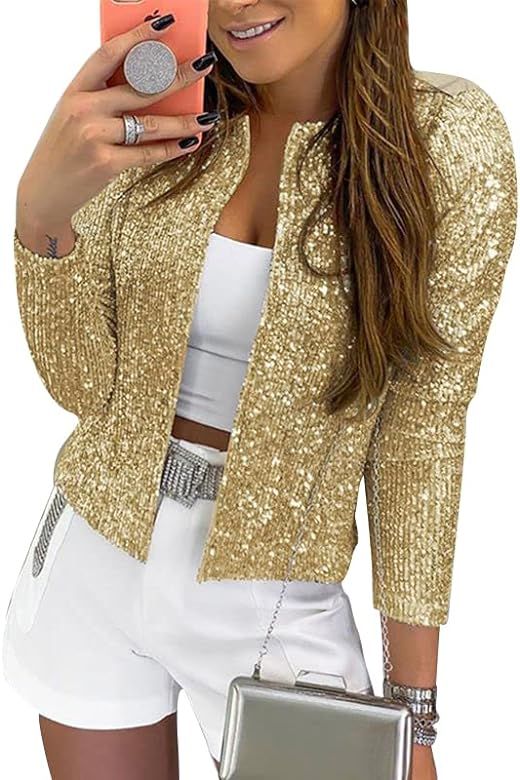 Cololura Women Casual Open Front Sequin Jackets Cardigan Glitter Long Sleeve Short Coats Crop Bla... | Amazon (US)