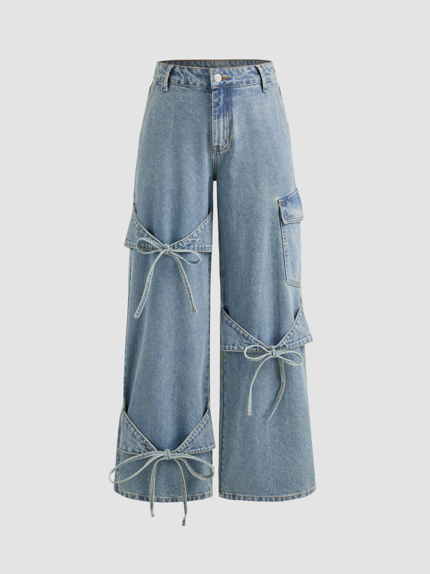 Bowknot Jeans Denim Cider Denim Mid Rise Solid Bowknot Pocket Wide Leg Jeans For Daily Casual | Cider