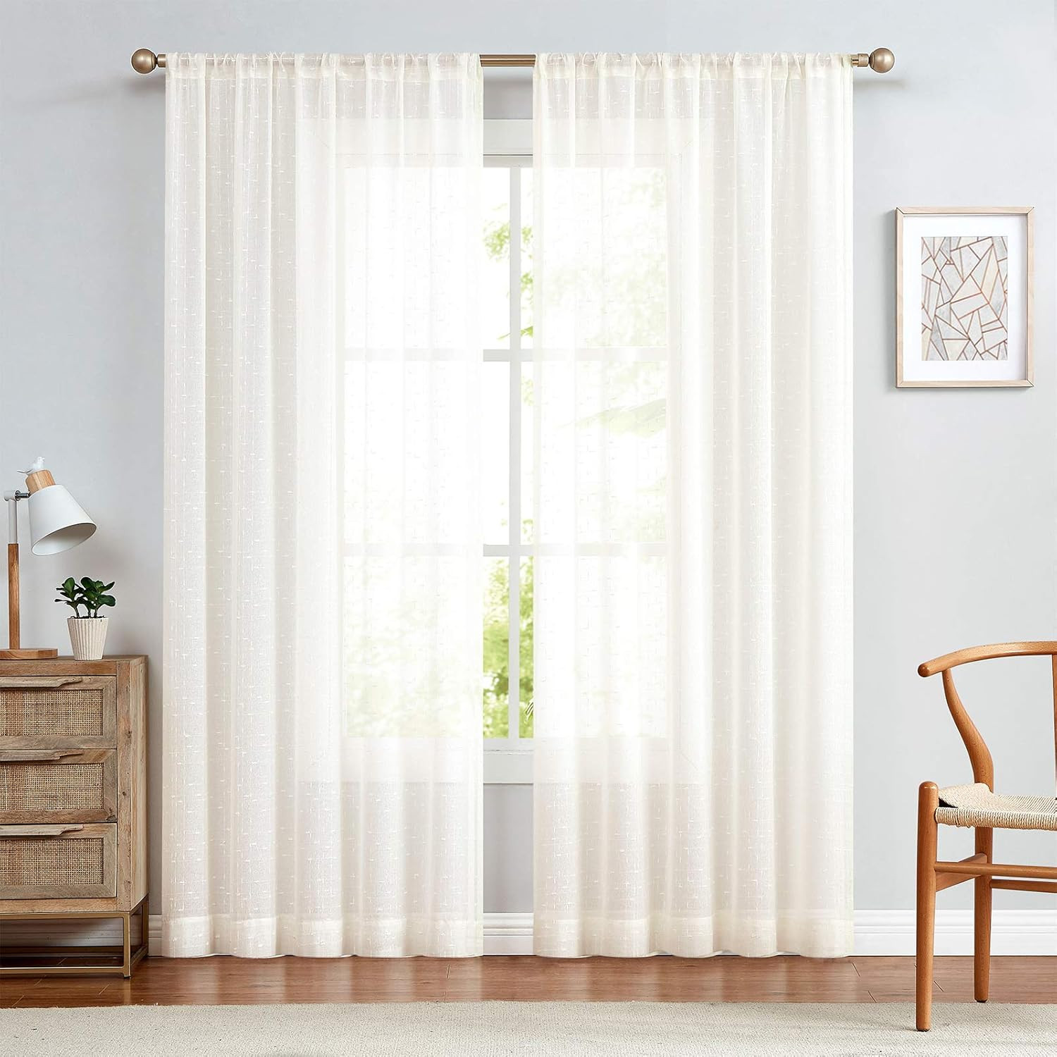 Ivory Sheer Curtains for Living Room Linen Textured 95 inch Rod Pocket Voile Drapes for Bedroom K... | Amazon (US)