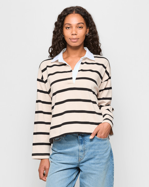 Australian Cotton Long Sleeve Stripe Polo Top - Light Pebble/Black | Target AU