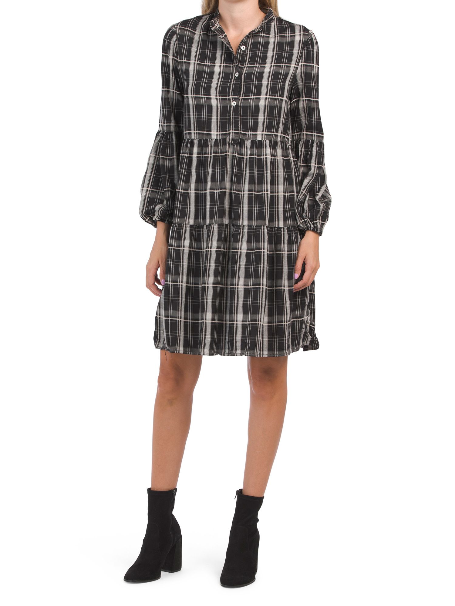 Rayon Plaid Three-quarter Sleeve Mini Dress | TJ Maxx