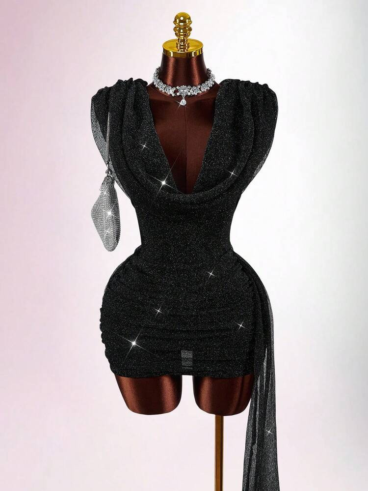 Amplova Women's Low-Cut Glitter Mini Dress, Waist Cinched, Party Dress,Party Dresses For Women,Dresses For Women Party | SHEIN