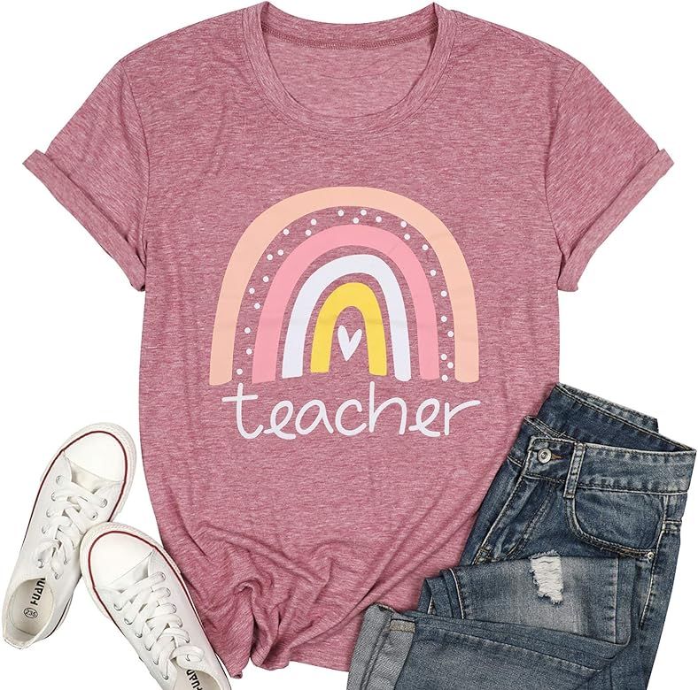 Rainbow Teacher T-Shirt Women Teacher Love Heart Cute Graphic Inspirational Casual Tops Shirt | Amazon (US)