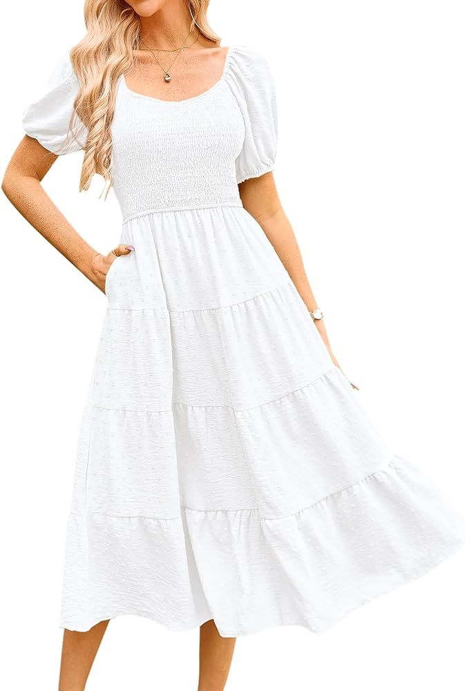 PRETTYGARDEN Women's Spring Dresses 2024 Puff Sleeve V Neck Swiss Dot High Waist Chiffon Dress Ti... | Amazon (US)