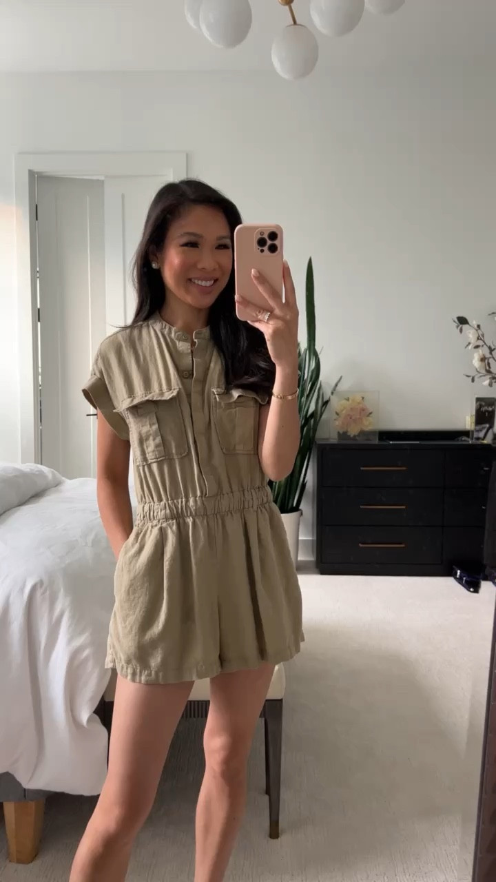 Linen-blend utility romper that I am loving this summer! Perfect for transitioning to fall, too. Wearing size XS and it fits beautifully. On sale for 50% off! I love that it has button front closure, pockets and can be dressed up or down 

#LTKSaleAlert #LTKStyleTip #LTKSeasonal