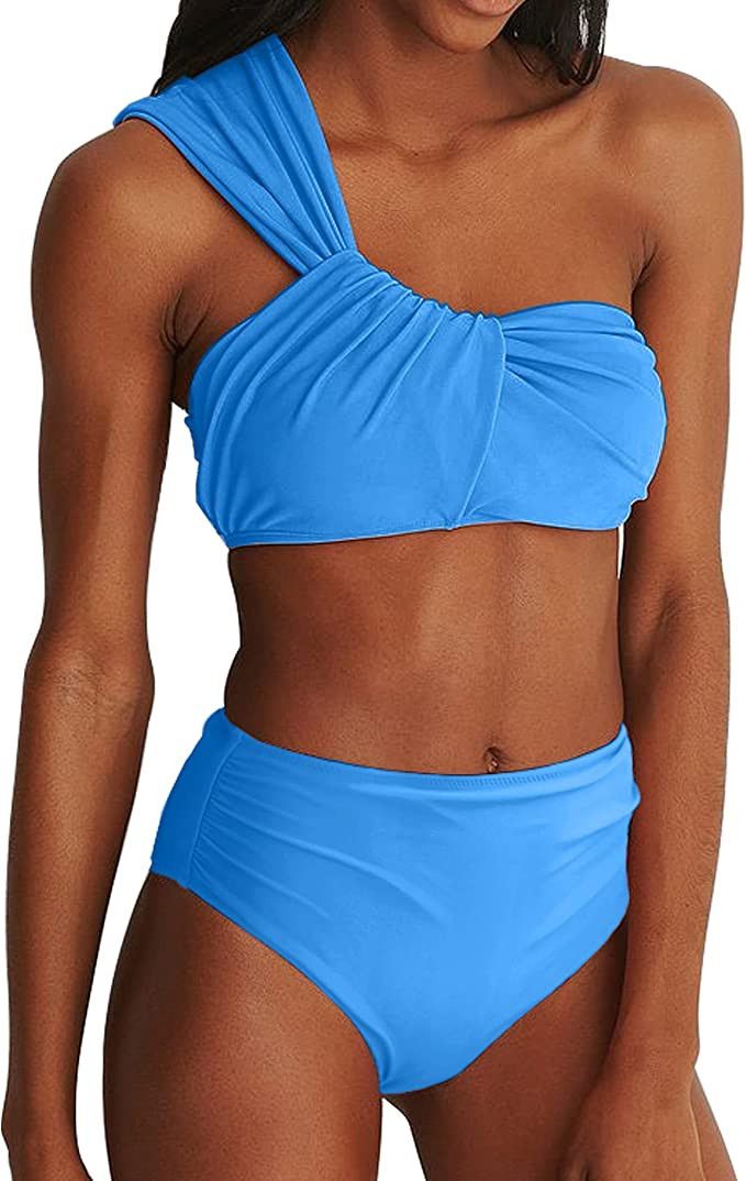 Women's One Shoulder Bikini Sets Ruched High Waisted Swimsuit Two Piece High Cut Cheeky Bathing S... | Amazon (US)