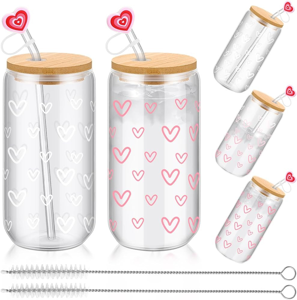 Skylety 2 Pcs Valentine's Day Glass Cups 16 oz Color Changing Cups with Lids and Straws Valentine... | Amazon (US)
