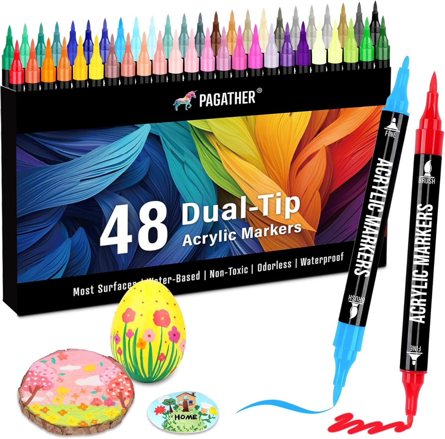 48 Colors Acrylic Paint Markers, Dual Tip with Fine Tip and Brush Tip Pens for Stone, Wood, Calli... | Amazon (US)