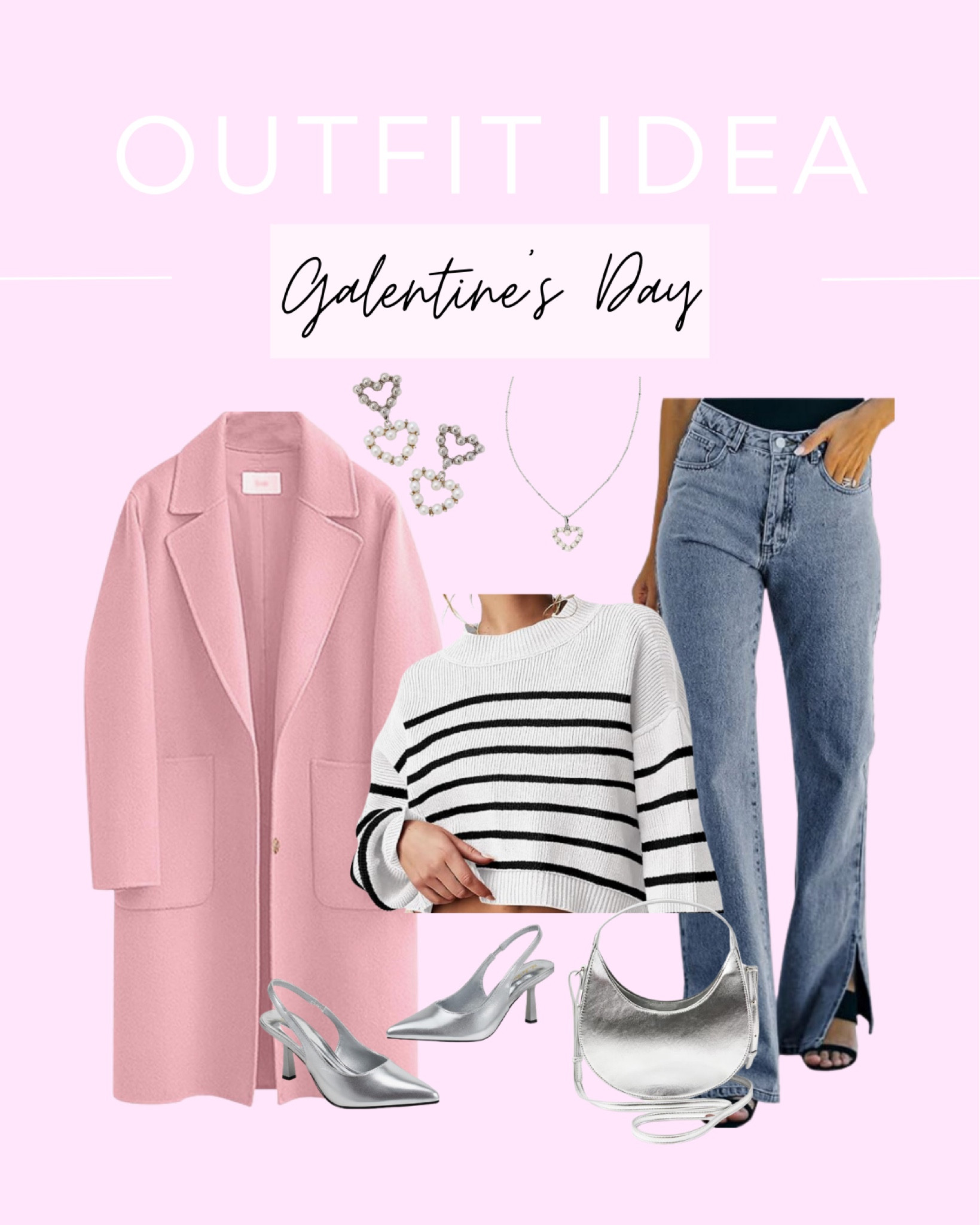 Galentine’s day outfit idea 

Pink peacoat, silver heels, silver purse, heart jewelry, sling back heel, pink wool coat, high waist wide leg jean

#LTKstyletip #LTKfindsunder50 #LTKsalealert
