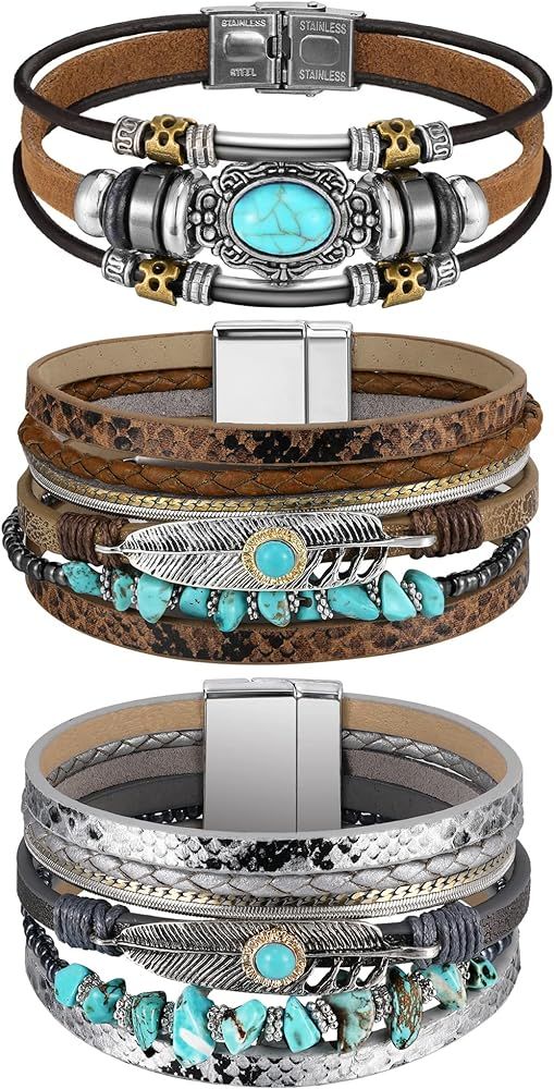 Inbagi 3 Pcs Bohemian Bracelet for Women Girls Faux Leather Cuff Bracelet Multi Layer Western Jew... | Amazon (US)