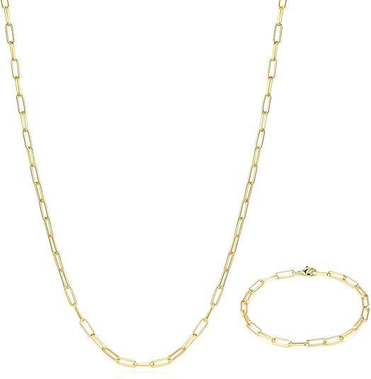 BOUTIQUELOVIN 14K Gold Plated Dainty Rectangle Paperclip Link Chain Necklace Bracelet Set for Wom... | Amazon (US)