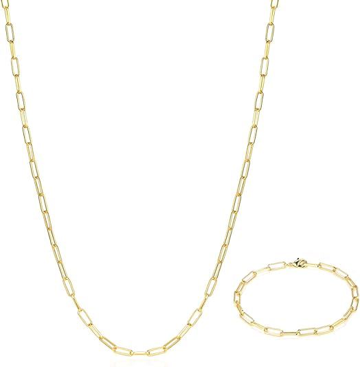 BOUTIQUELOVIN 14K Gold Plated Dainty Rectangle Paperclip Link Chain Necklace Bracelet Set for Wom... | Amazon (US)