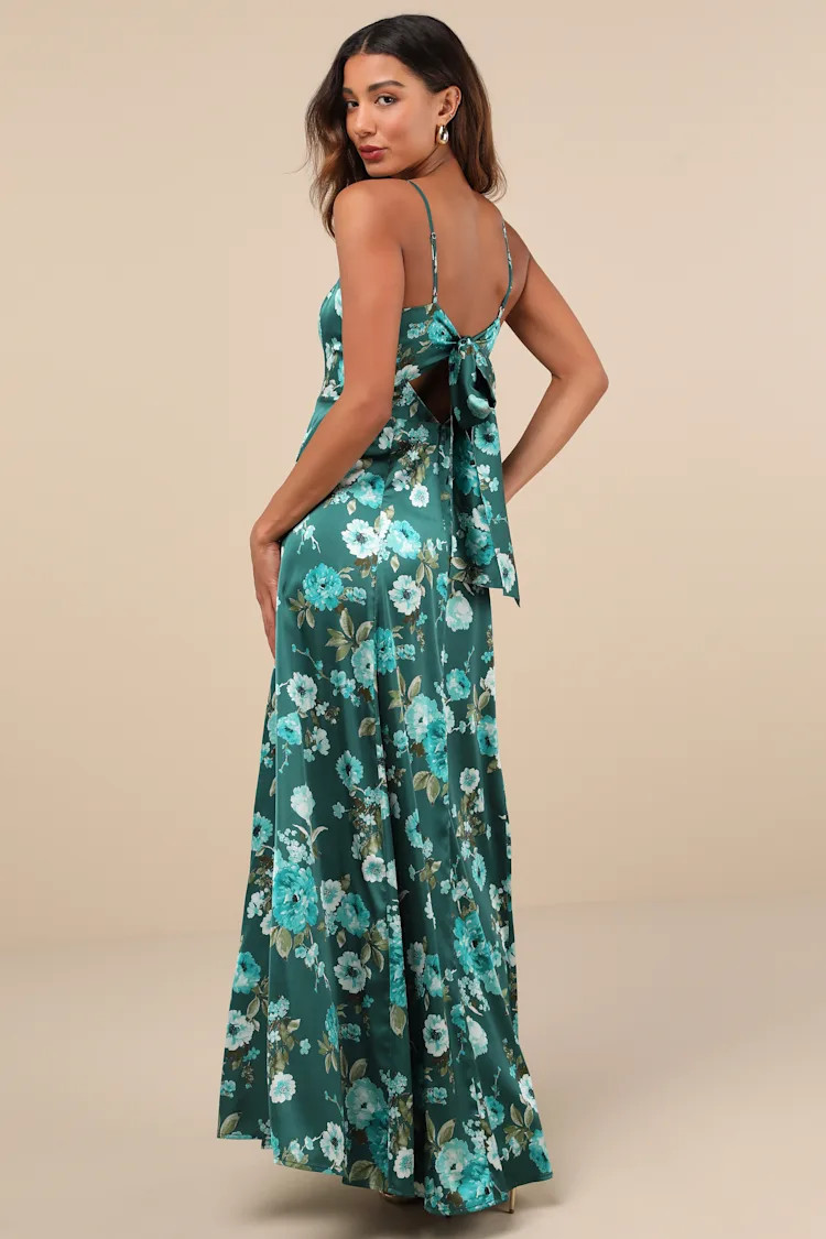 Sincerely Romantic Green Floral Satin Tie-Back Maxi Dress | Lulus