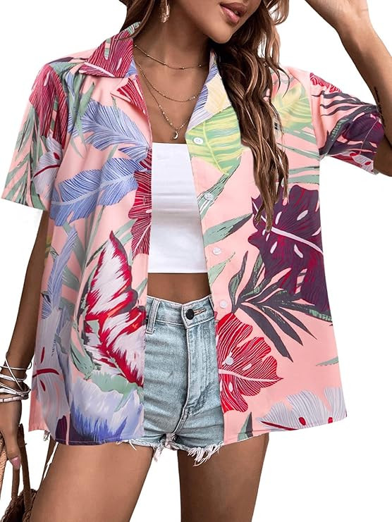Women Hawaii Shirts: Soft Cool Floral Tropic Print V Neck Summer Tops Short Sleeve Button Up Tops... | Amazon (US)