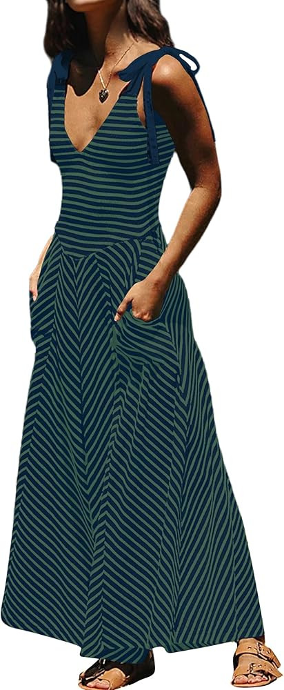 MISSACTIVER Cecelia Midi Dress for Women Summer Smocked V Neck Beach Dress Sleeveless Striped Flo... | Amazon (US)