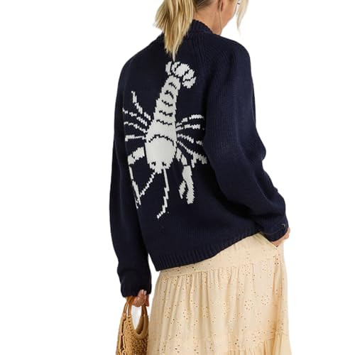Women Lobster Cardigan Sweater Y2k Long Sleeve Button Down Chunky Knit Top Shirt Fall Winter Jacket Coats (Navy Blue, S) | Amazon (US)