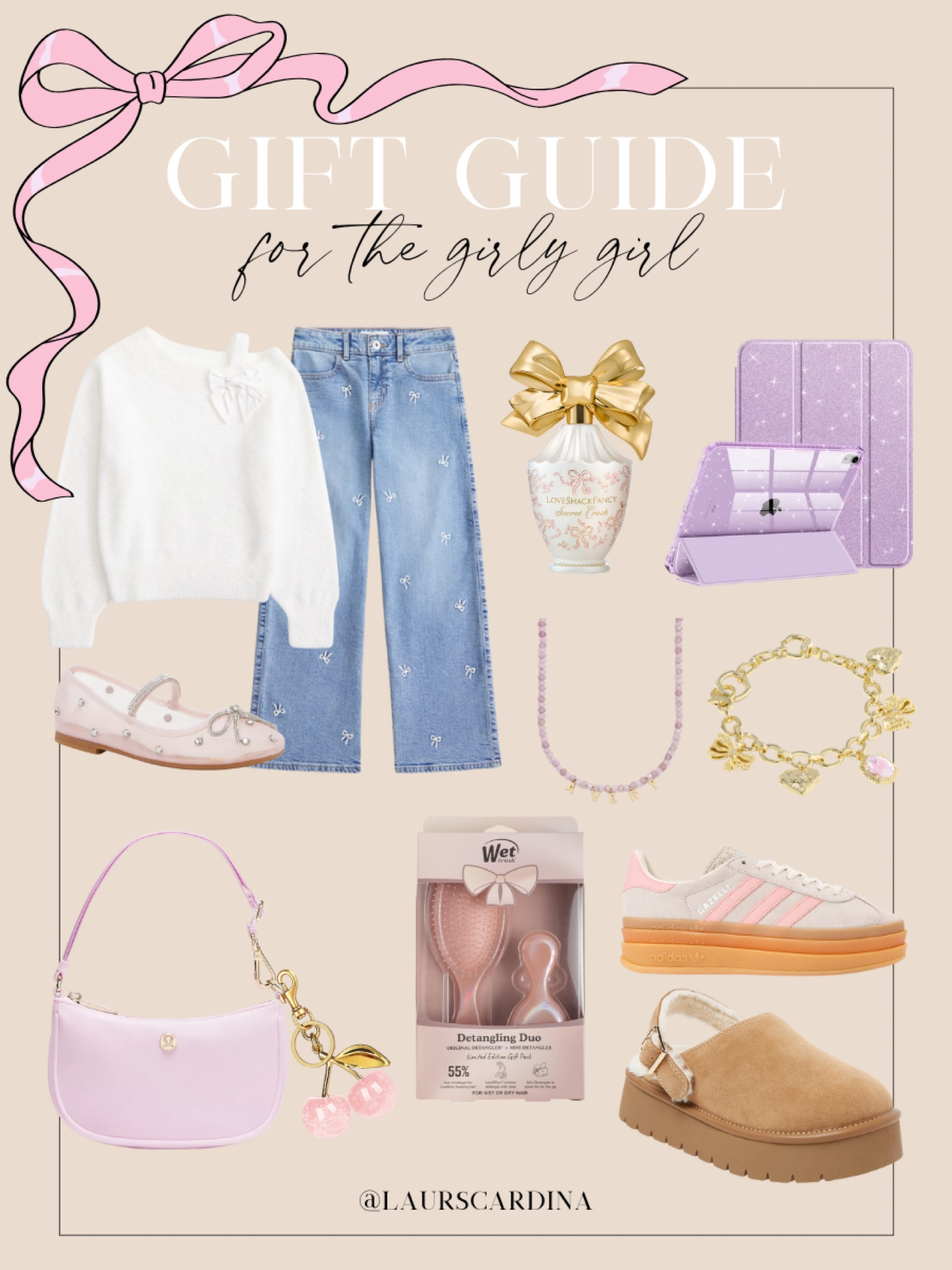 This gift guide is perfect for your girlie girl and includes a white sweater with a bow, wide leg jeans with bow detail, Mary Jane shoes, Love Shack Fancy perfume, a lavender iPad case, a personalized necklace, Kendra Scott charm bracelet, a Lululemon shoulder bag, a bag charm, detangler brush set, Adidas sneakers, and clog slippers . 

Gifts for girls, teen gift guide, gifts under 50

#LTKFindsUnder50 #LTKGiftGuide #LTKHoliday