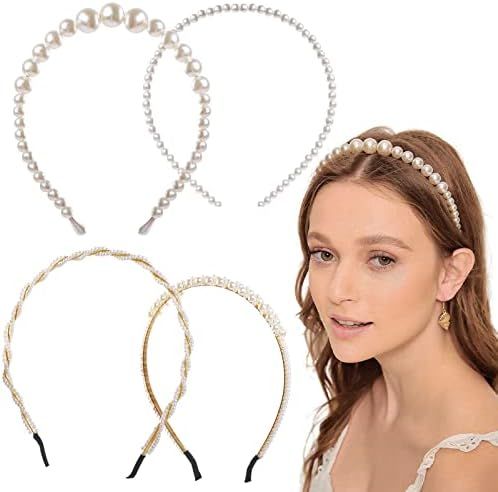 4 Pcs Pearl Headbands for Women - Headbands for Hair Band With Pearls - Gold & White Faux Pearl H... | Amazon (US)