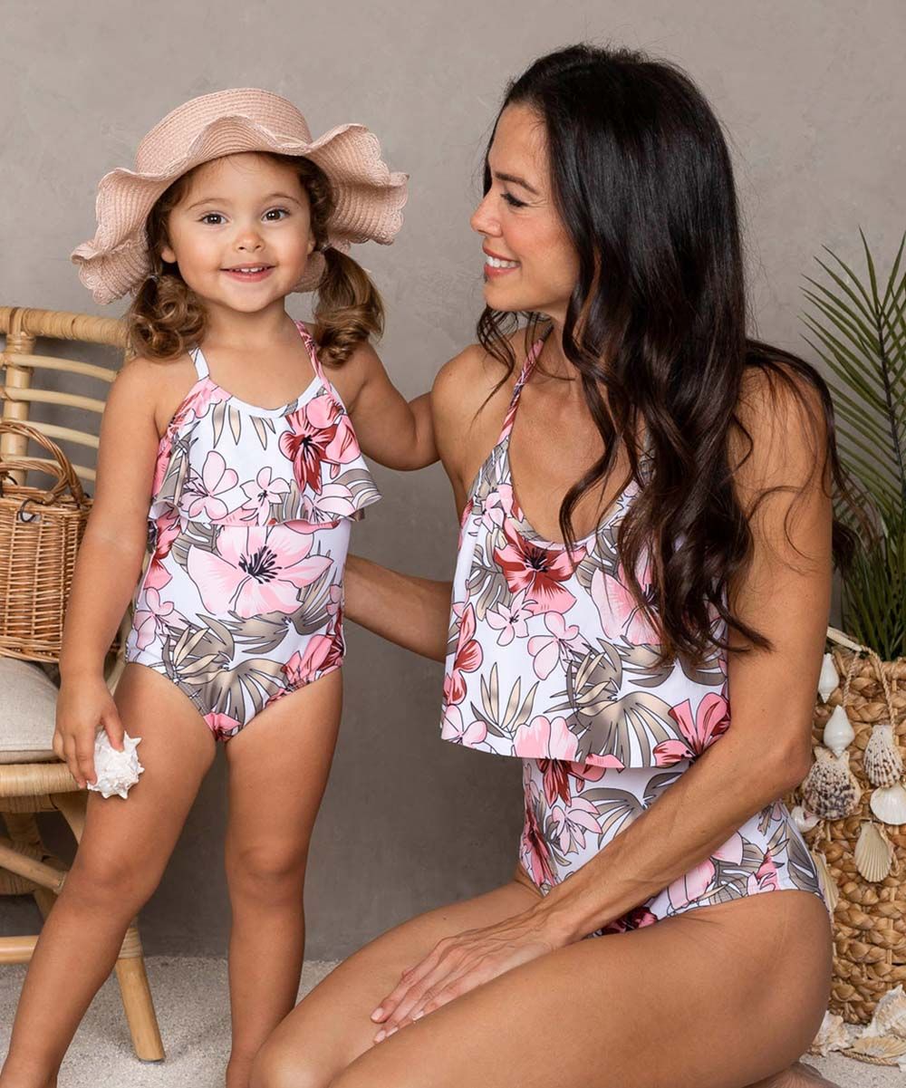 Mia Belle Girls Girls' One Piece Swimsuits Pink - Pink Tropical Floral Mommy & Me Ruffle One-Piece - | Zulily