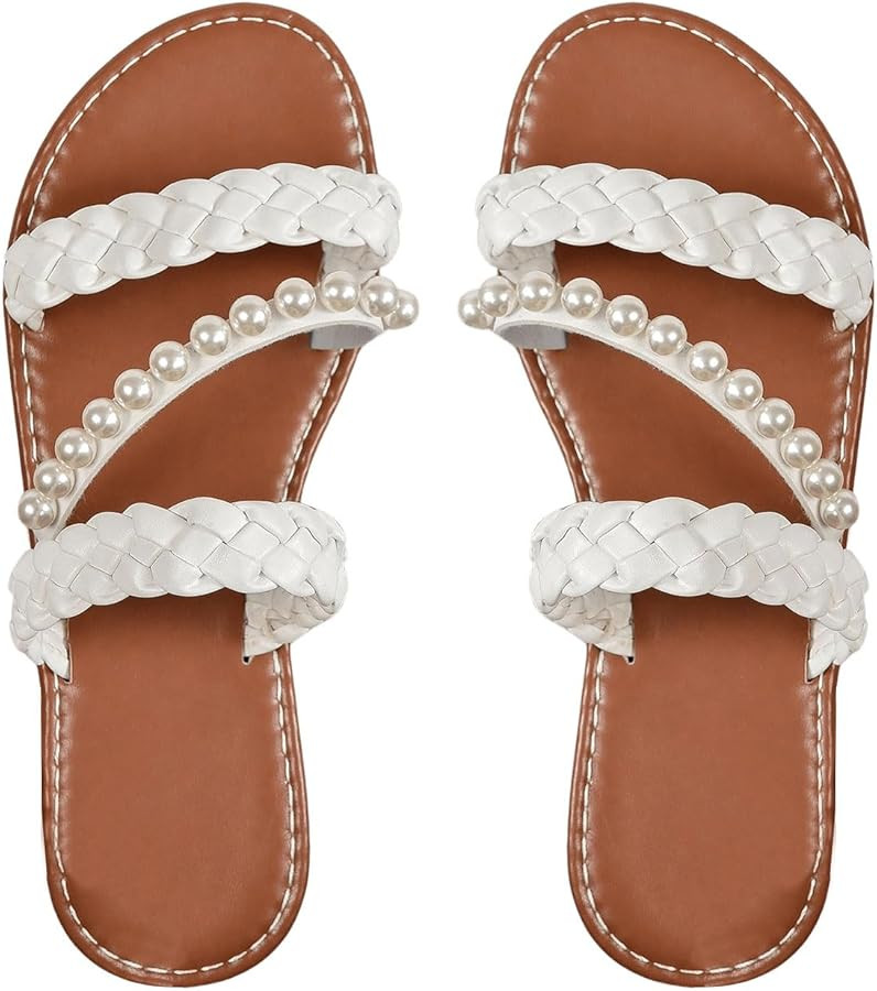 Verdusa Women's Pearls Braided Flat Sandals Open Toe Slip On Beach Slides | Amazon (US)