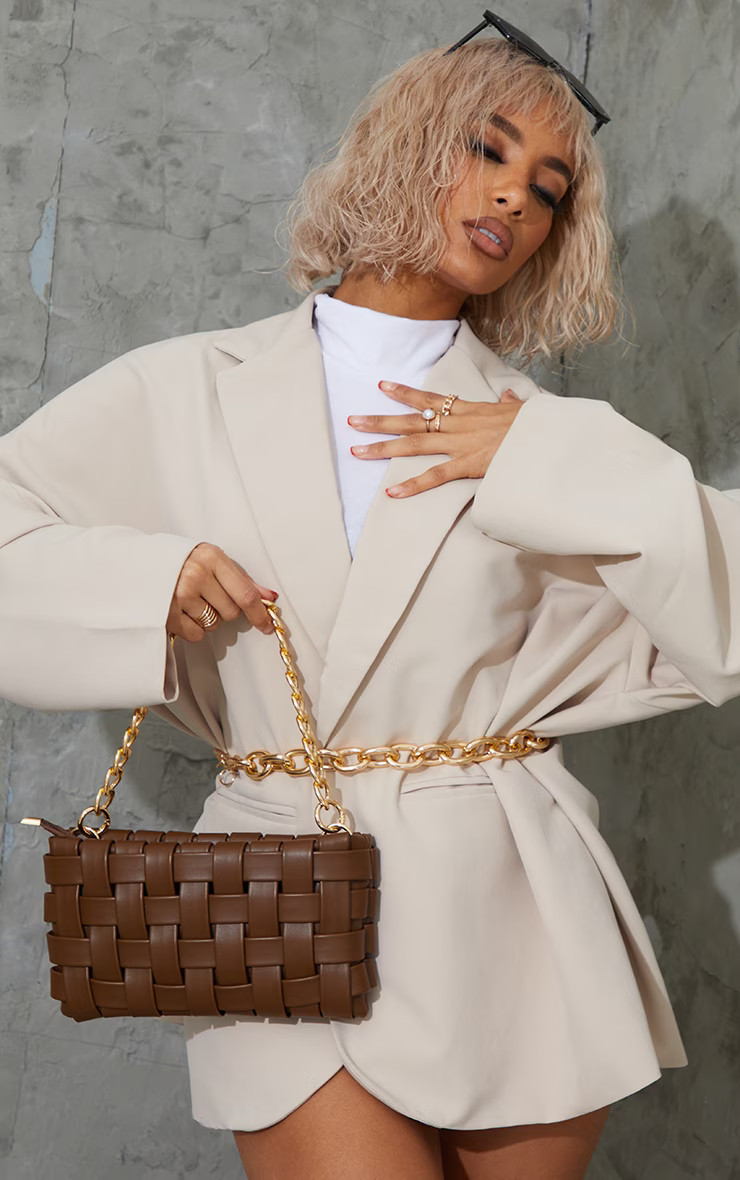 Chocolate Oversized Weave With Gold Chain Shoulder Bag | PrettyLittleThing UK