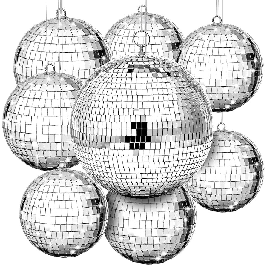 Haull 8 Pcs Large Disco Ball Set Silver Mirror Disco Reflective Ball with Hanging Ring Party Orna... | Amazon (US)