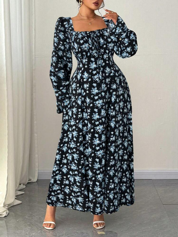 Elenzga Plus Size Elegant Ditsy Floral Square Collar Puff Sleeve Dress Fall Cloth For Women | SHEIN