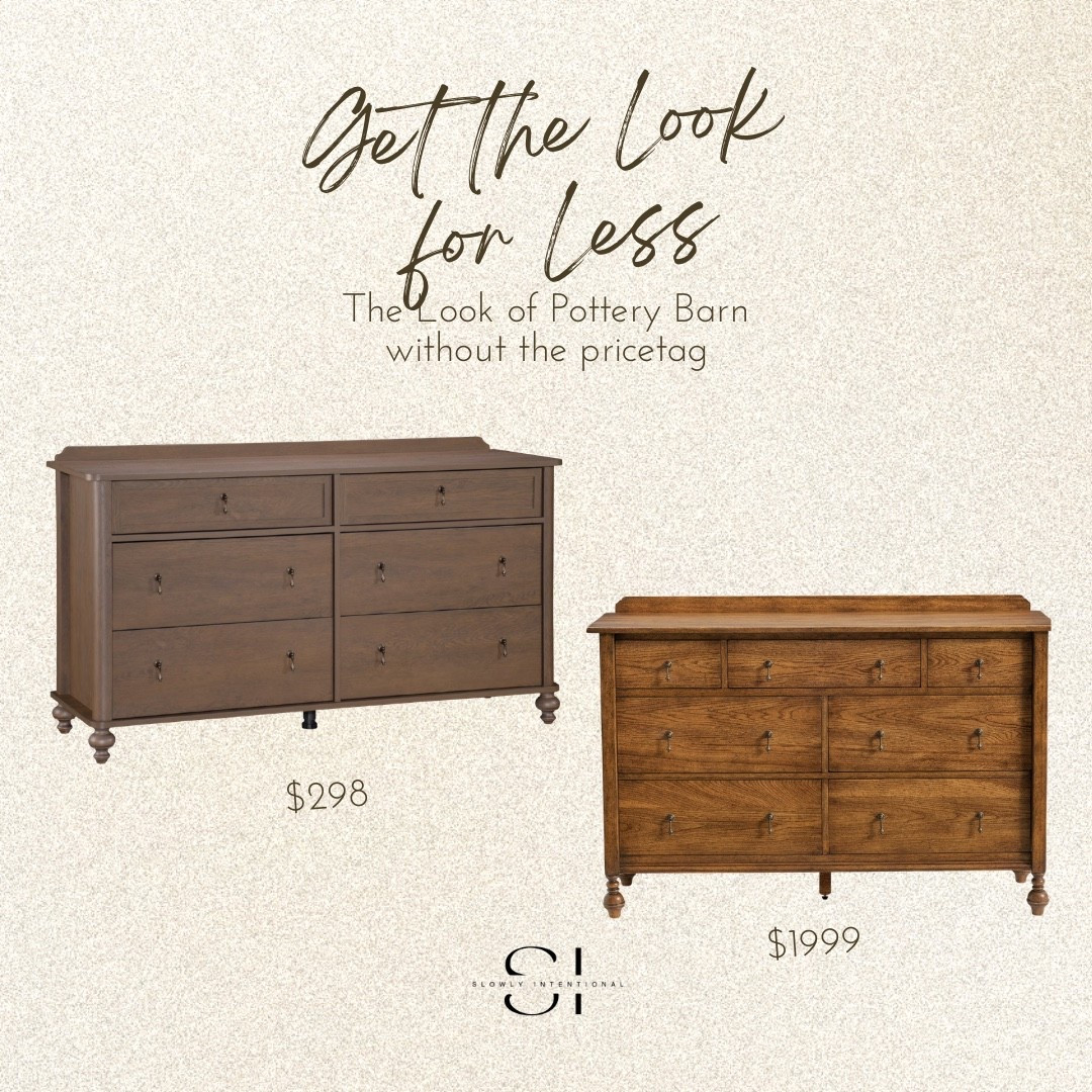 pottery barn dupe, look for less home, wood 6 drawer dresser, budget friendly decor, traditional bedroom furniture, vintage style dresser, warm oak wood finish, antique brass hardware, affordable furniture finds, transitional home design

#LTKHome