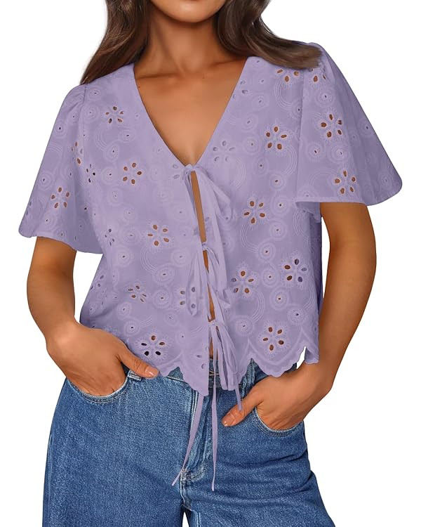 Trendy Queen Womens Summer Tops Cute Boho Blouses Beach Vacation Spring Outfits 2026 Tie Front Ey... | Amazon (US)
