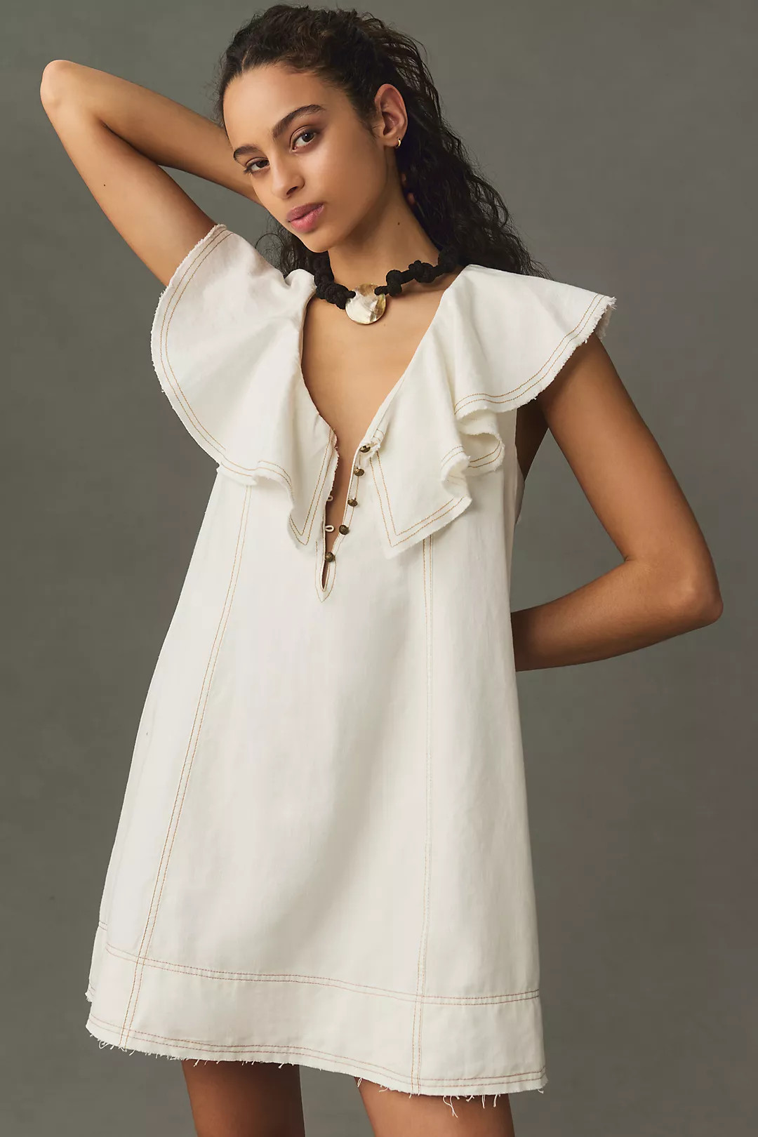 Pilcro V-Neck Ruffle Linen Mini Dress | Anthropologie (US)