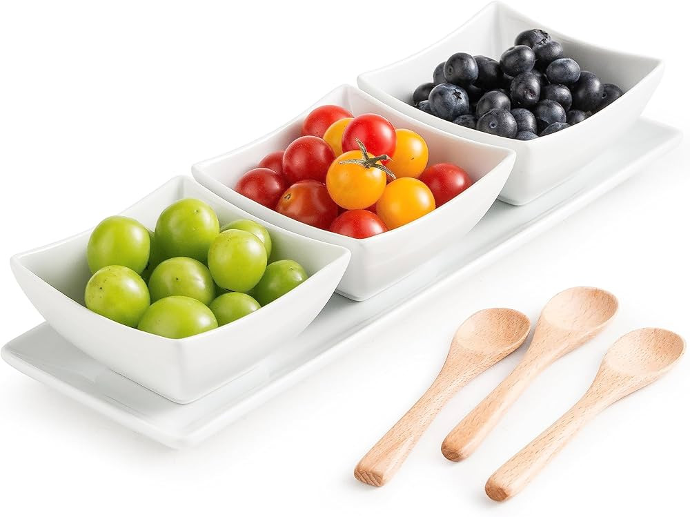 Ceramic Chip and Dip Bowl with Serving Tray and Spoons, 3 Square Sauce Cups Dip Bowls for Parties... | Amazon (US)