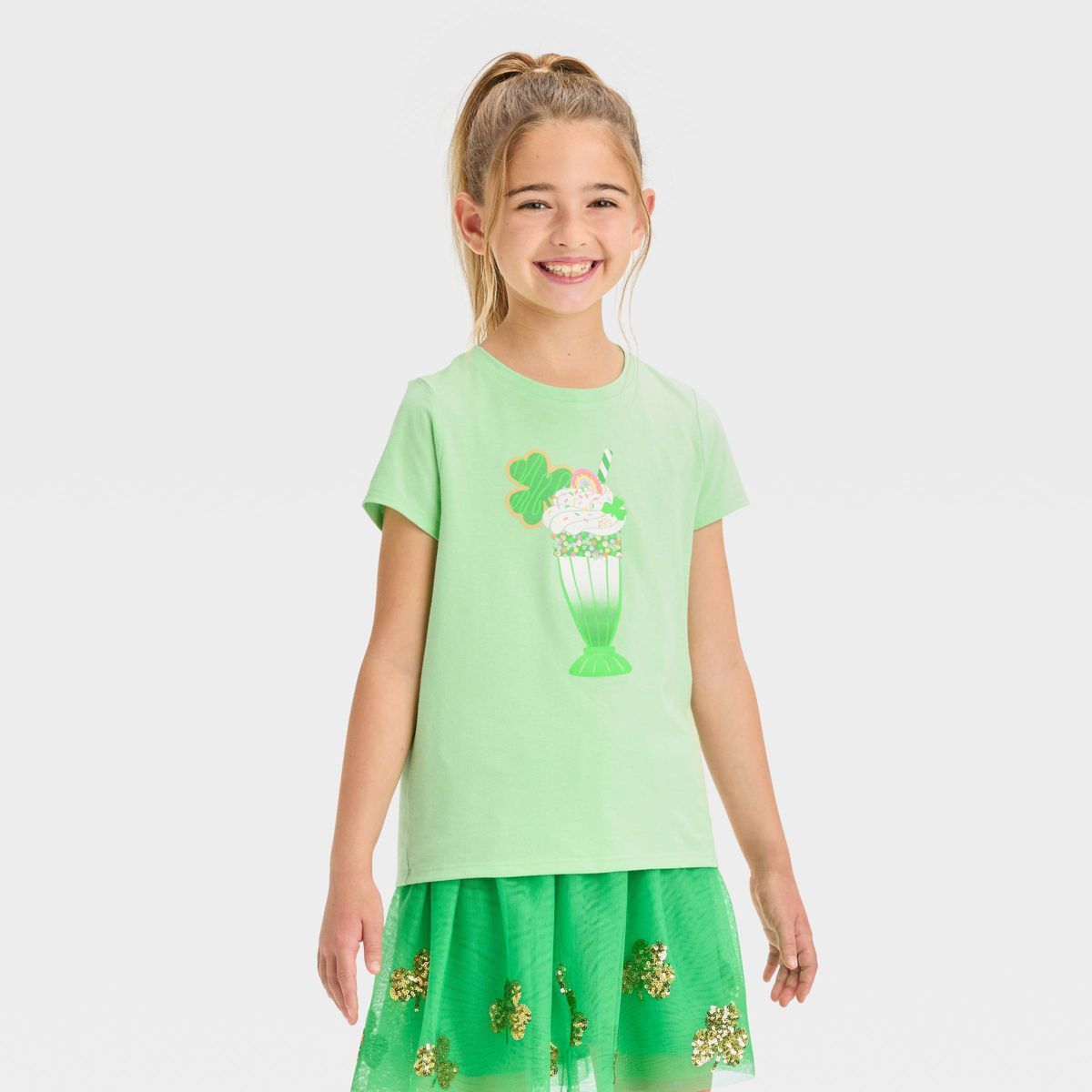 Girls' St. Patrick's Day Short Sleeve 'Ice Cream Sundae' Graphic T-Shirt - Cat & Jack™ Light Gr... | Target