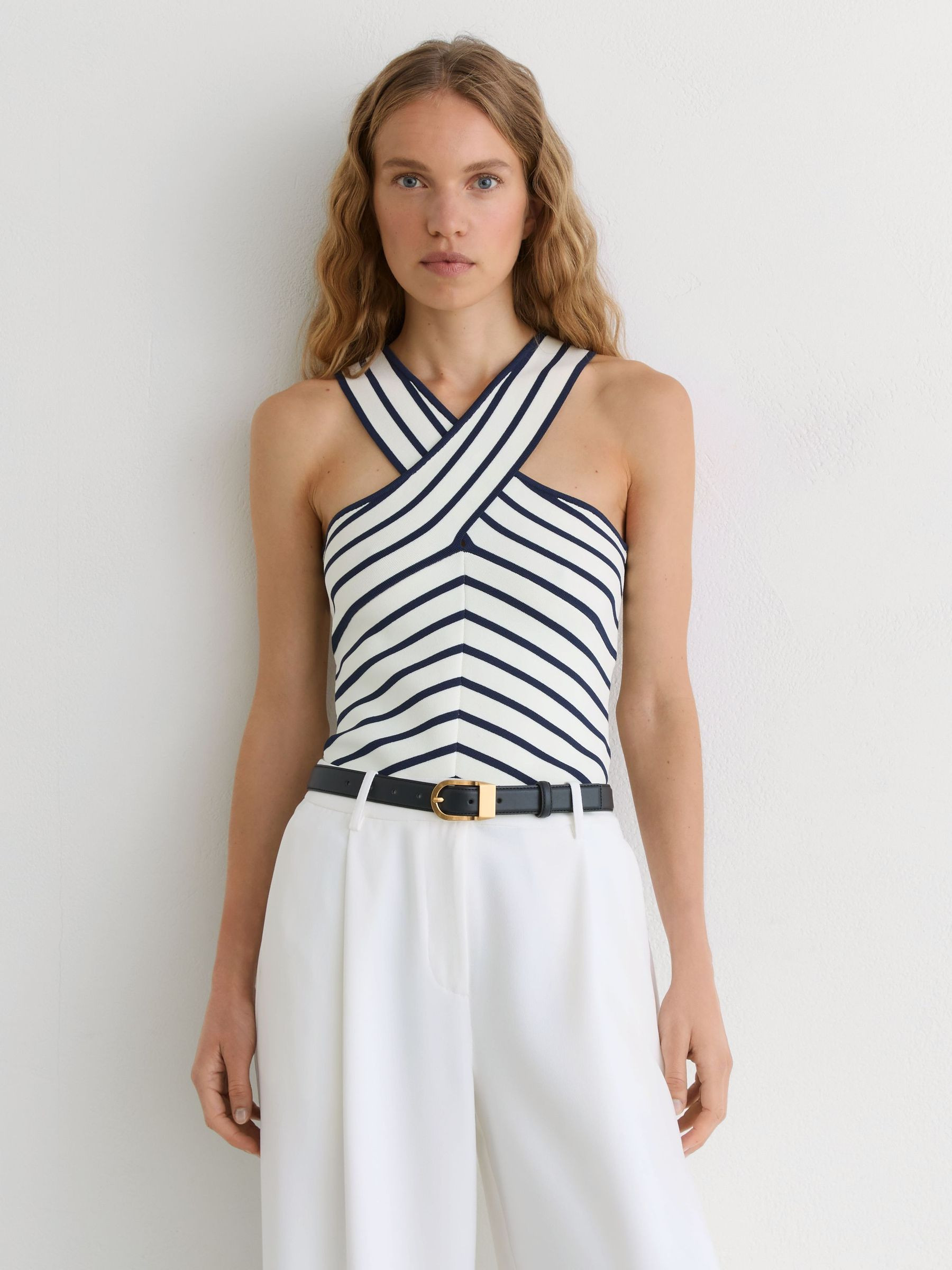 Reiss Striped Cross-Strap Knitted Vest in White/Navy - REISS | Reiss UK