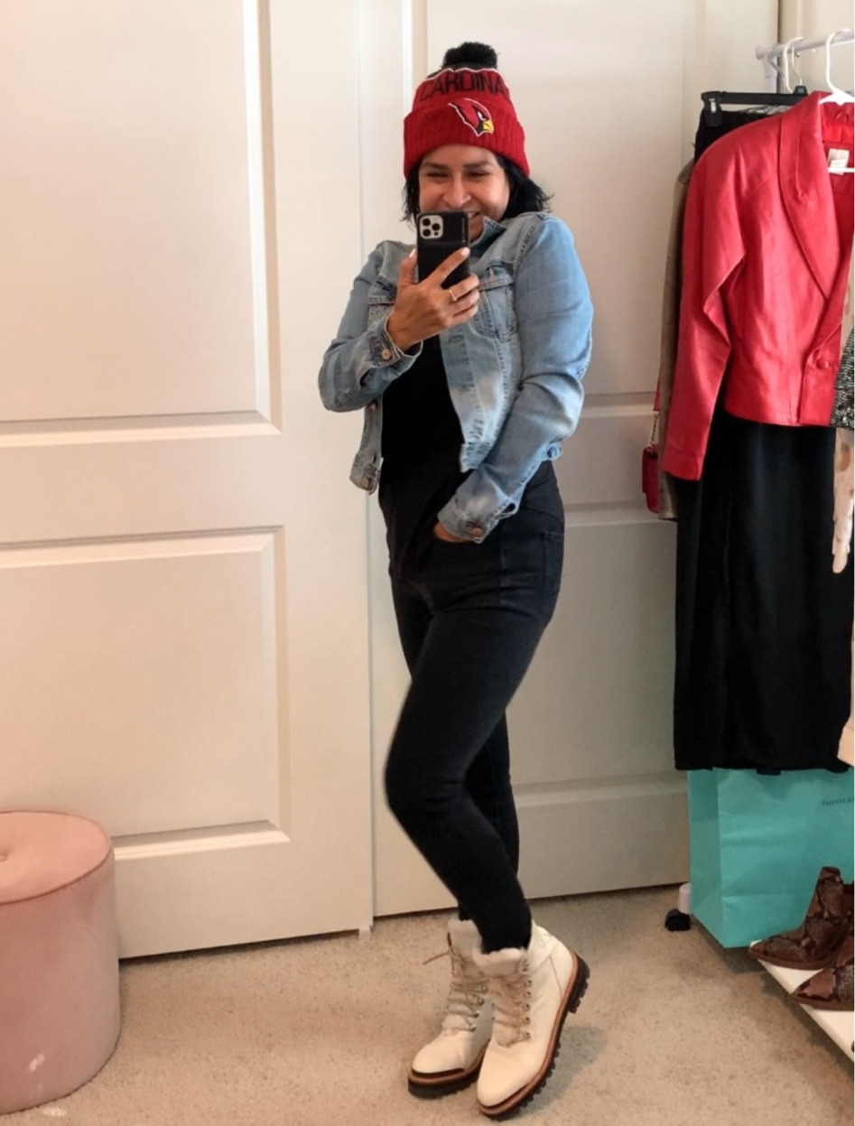 #boots #whitehikingboots #marcfisherboots #aejeans #americaneaglejeans #blackskinnyjeans #white boots #cardinalsbeanie #nflbeanie #jeanjacket #denimjacket #petitestyle #momstyle #vnecktee #vneckblacktee #favoritetshirt #flattering 

#LTKfit #LTKSeasonal #LTKshoecrush